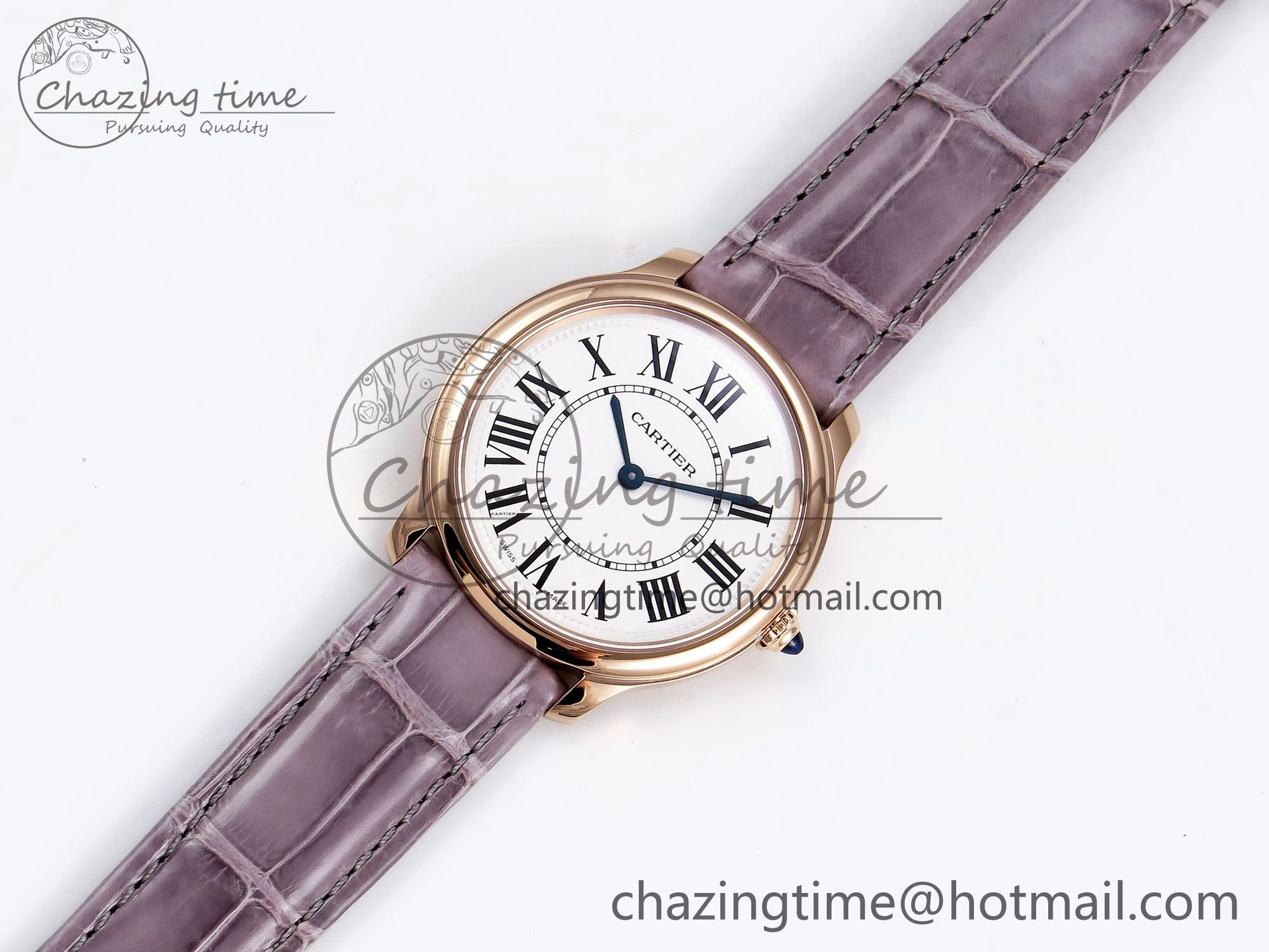 Ronde Louis Cartier 36mm RG DRF 1:1 Best Edition Sandblasted Beige Dial on Purple Leather Strap Ronda Quartz