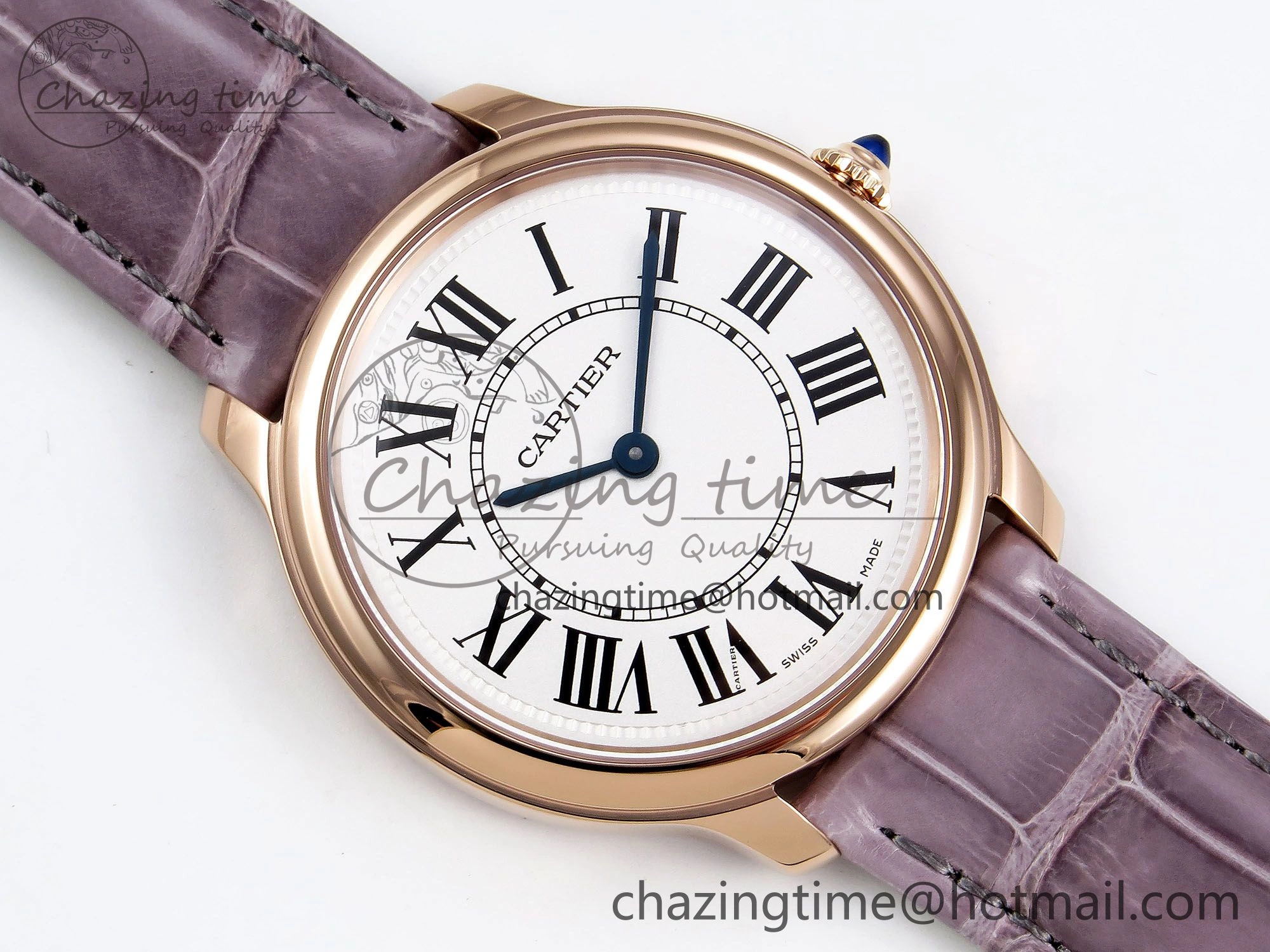 Ronde Louis Cartier 36mm RG DRF 1:1 Best Edition Sandblasted Beige Dial on Purple Leather Strap Ronda Quartz