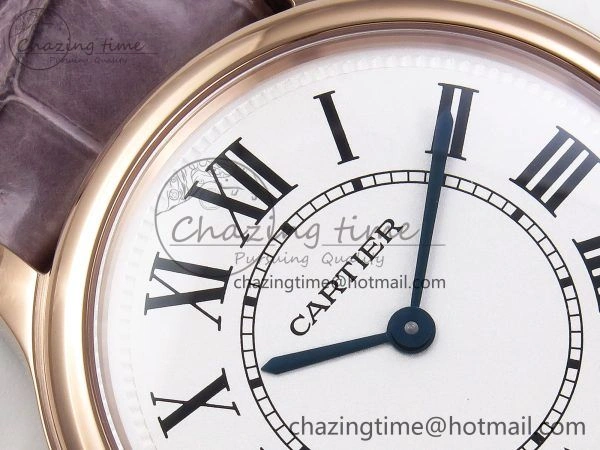 Ronde Louis Cartier 36mm RG DRF 1:1 Best Edition Sandblasted Beige Dial on Purple Leather Strap Ronda Quartz