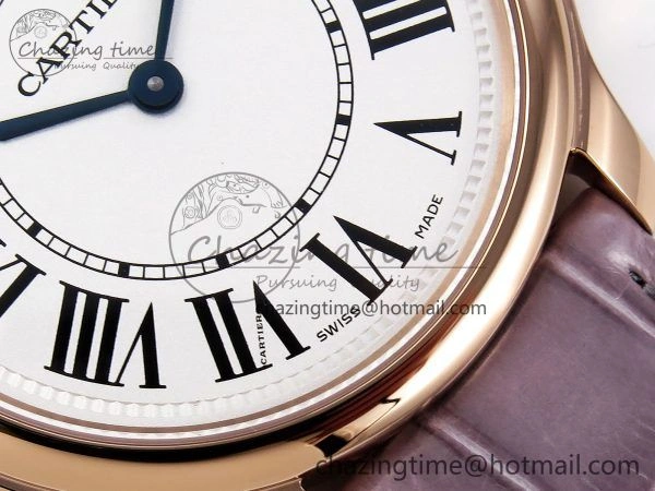 Ronde Louis Cartier 36mm RG DRF 1:1 Best Edition Sandblasted Beige Dial on Purple Leather Strap Ronda Quartz