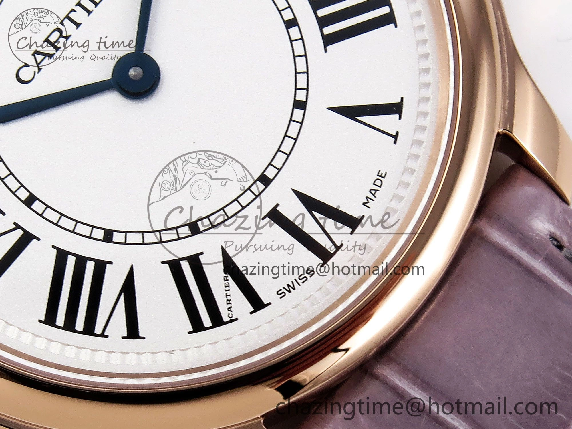 Ronde Louis Cartier 36mm RG DRF 1:1 Best Edition Sandblasted Beige Dial on Purple Leather Strap Ronda Quartz