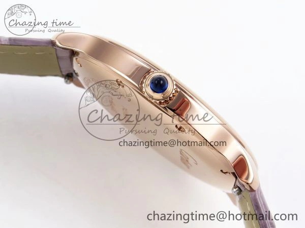 Ronde Louis Cartier 36mm RG DRF 1:1 Best Edition Sandblasted Beige Dial on Purple Leather Strap Ronda Quartz