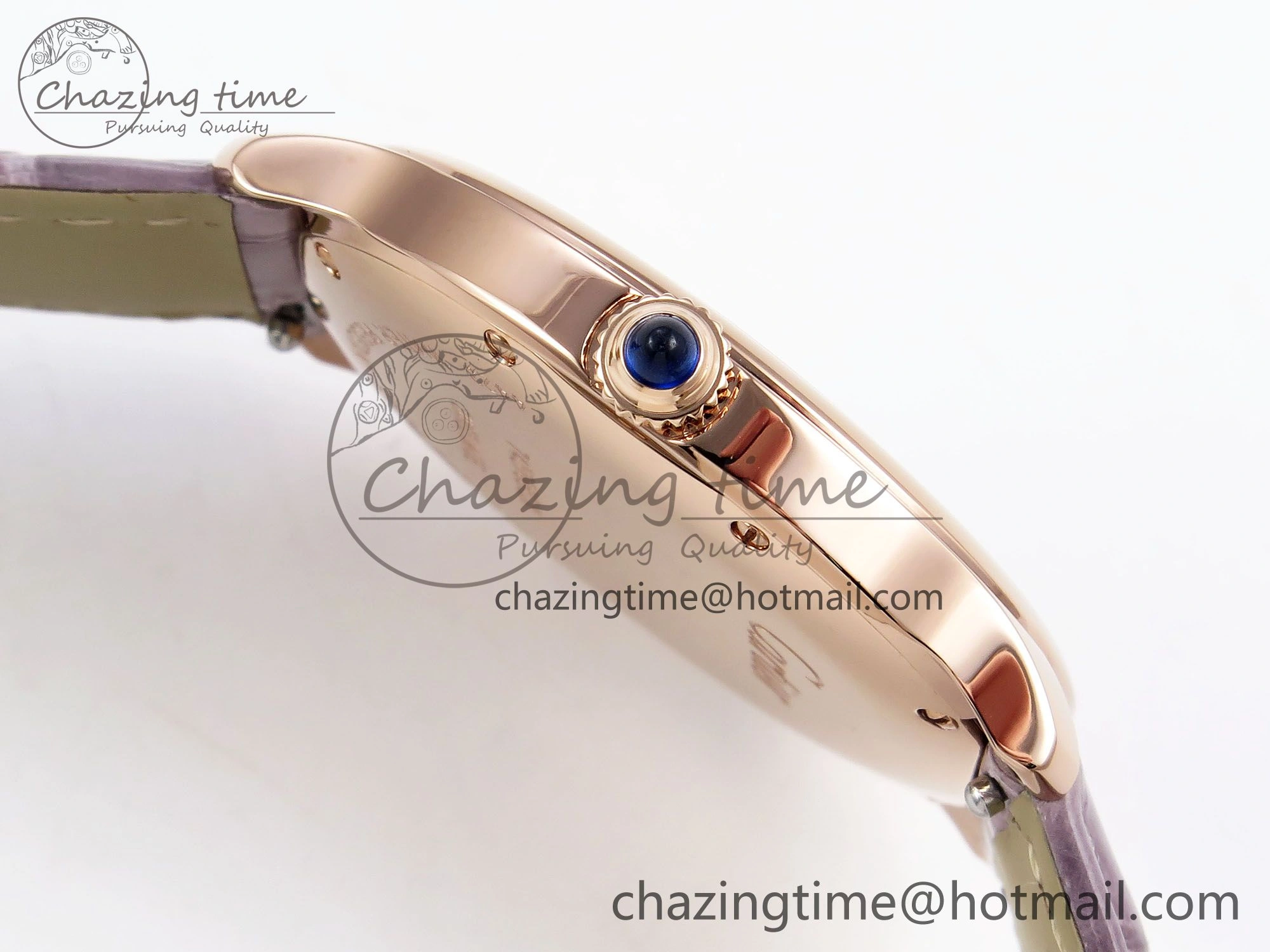 Ronde Louis Cartier 36mm RG DRF 1:1 Best Edition Sandblasted Beige Dial on Purple Leather Strap Ronda Quartz