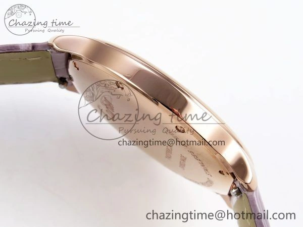 Ronde Louis Cartier 36mm RG DRF 1:1 Best Edition Sandblasted Beige Dial on Purple Leather Strap Ronda Quartz