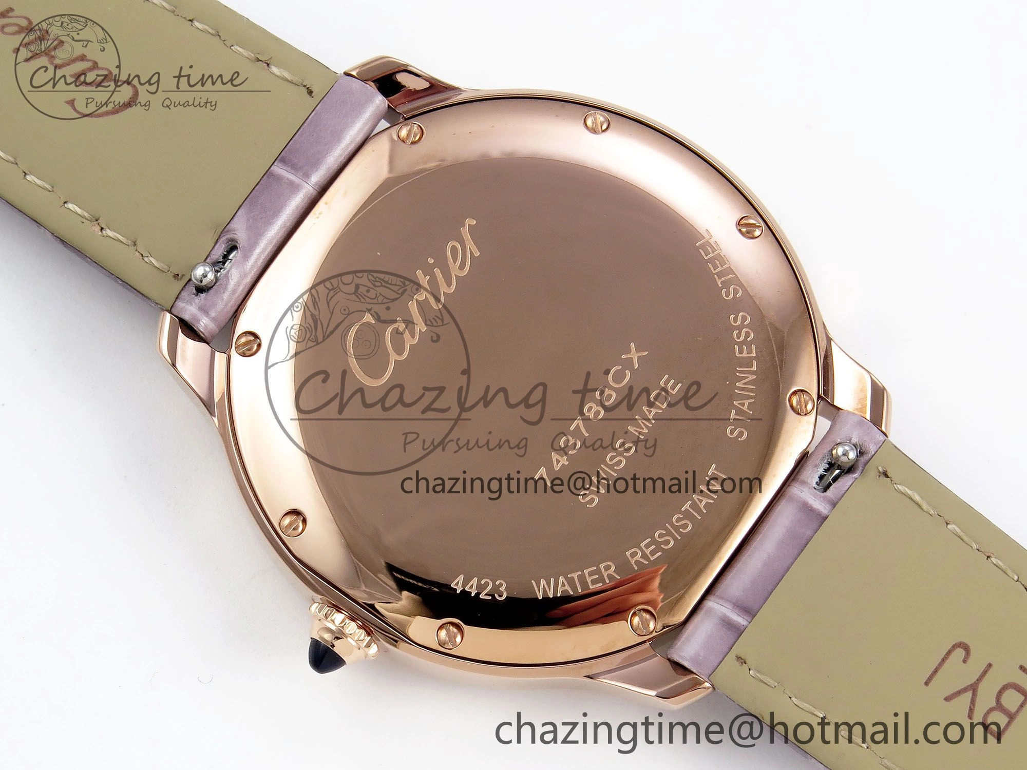 Ronde Louis Cartier 36mm RG DRF 1:1 Best Edition Sandblasted Beige Dial on Purple Leather Strap Ronda Quartz
