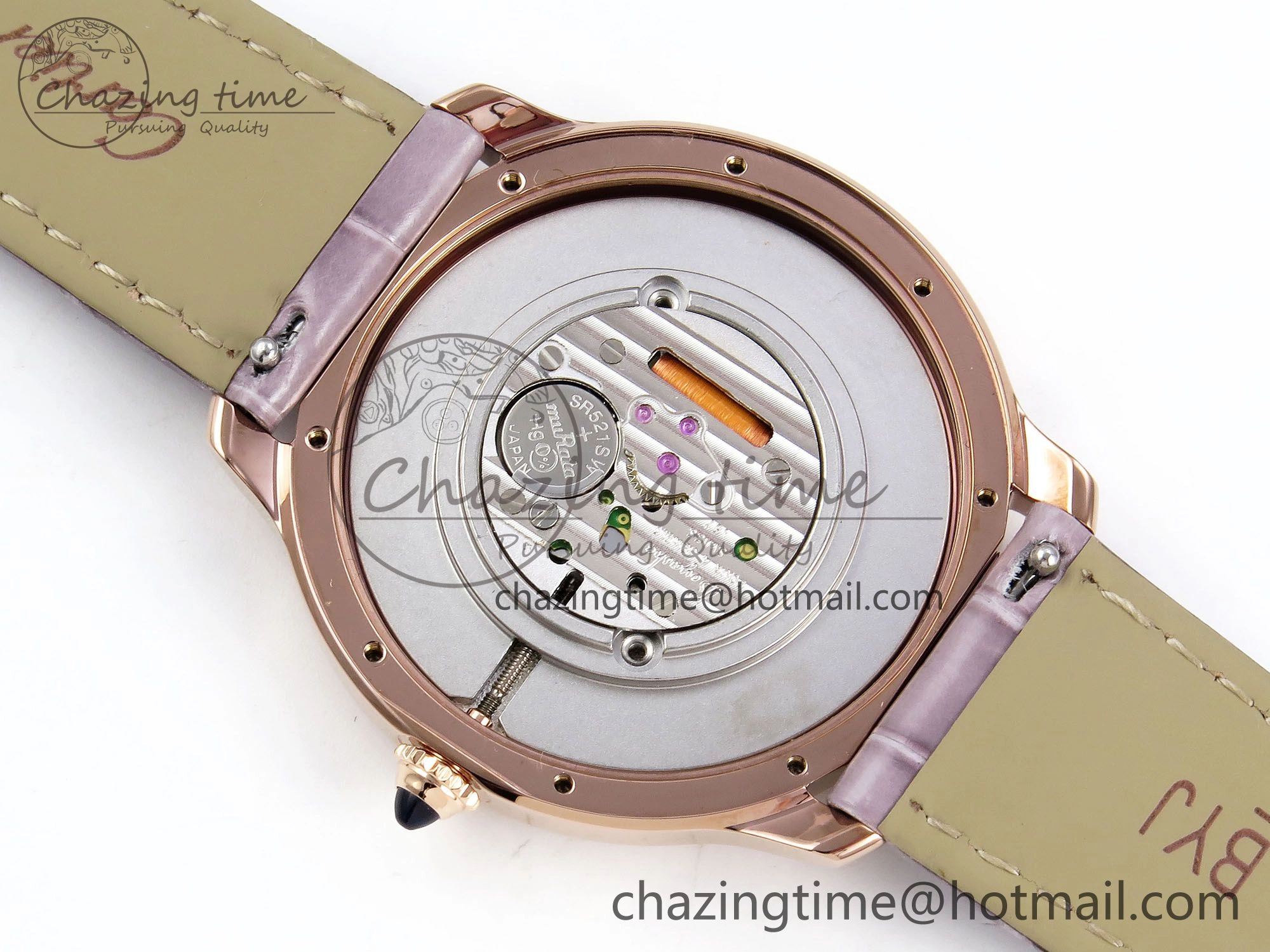 Ronde Louis Cartier 36mm RG DRF 1:1 Best Edition Sandblasted Beige Dial on Purple Leather Strap Ronda Quartz