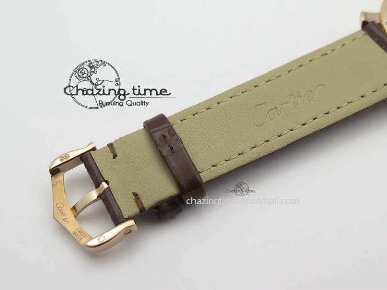Ronde Louis Cartier RG UT Best Edition White Dial Diamond Bezel On Brown Leather Strap