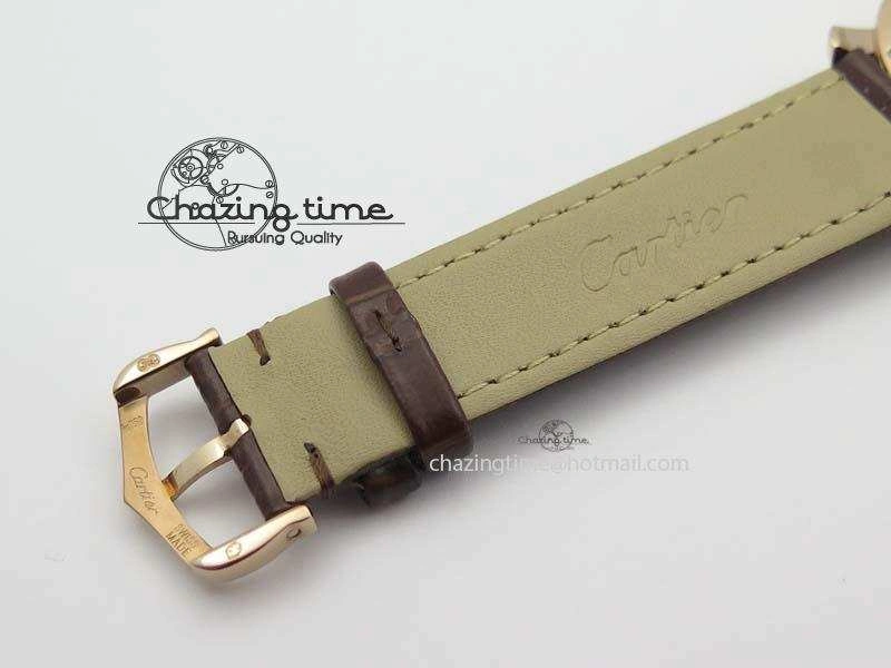 Ronde Louis Cartier RG UT Best Edition White Dial Diamond Bezel On Brown Leather Strap