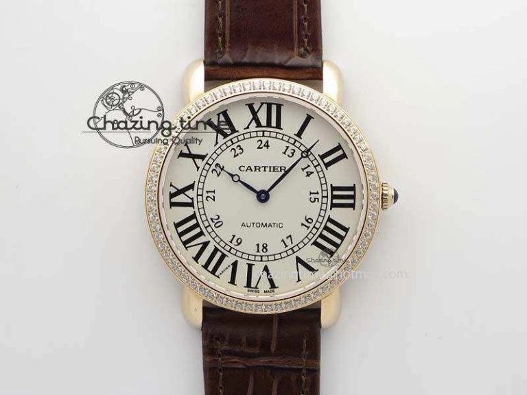 Ronde Louis Cartier RG UT Best Edition White Dial Diamond Bezel On Brown Leather Strap