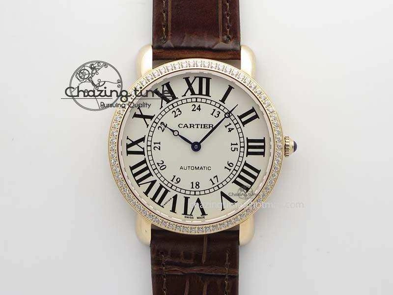 Ronde Louis Cartier RG UT Best Edition White Dial Diamond Bezel On Brown Leather Strap