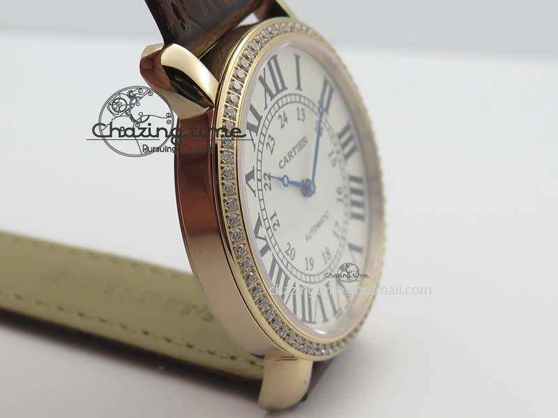 Ronde Louis Cartier RG UT Best Edition White Dial Diamond Bezel On Brown Leather Strap