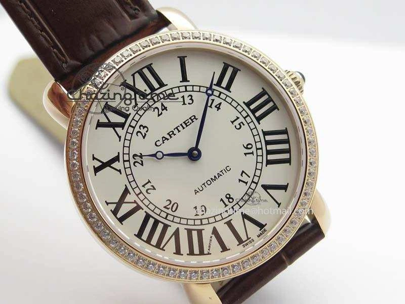 Ronde Louis Cartier RG UT Best Edition White Dial Diamond Bezel On Brown Leather Strap