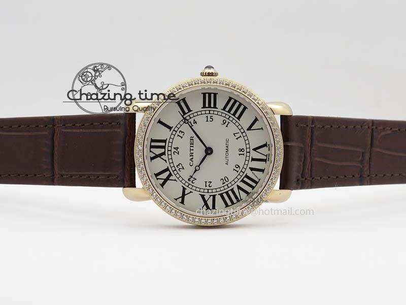 Ronde Louis Cartier RG UT Best Edition White Dial Diamond Bezel On Brown Leather Strap