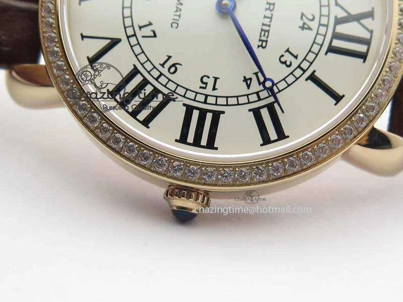 Ronde Louis Cartier RG UT Best Edition White Dial Diamond Bezel On Brown Leather Strap