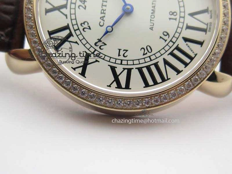 Ronde Louis Cartier RG UT Best Edition White Dial Diamond Bezel On Brown Leather Strap