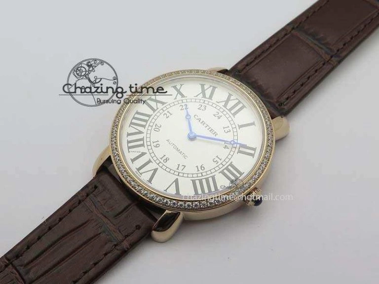 Ronde Louis Cartier RG UT Best Edition White Dial Diamond Bezel On Brown Leather Strap