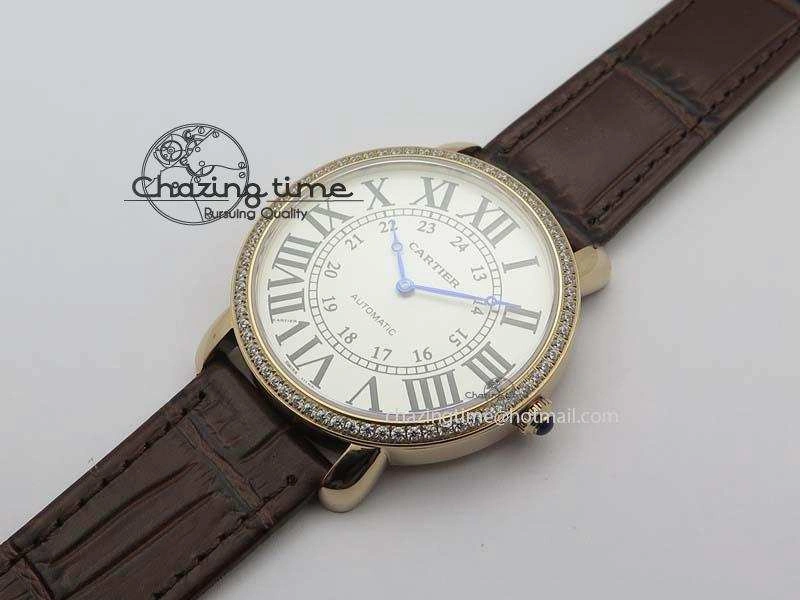 Ronde Louis Cartier RG UT Best Edition White Dial Diamond Bezel On Brown Leather Strap