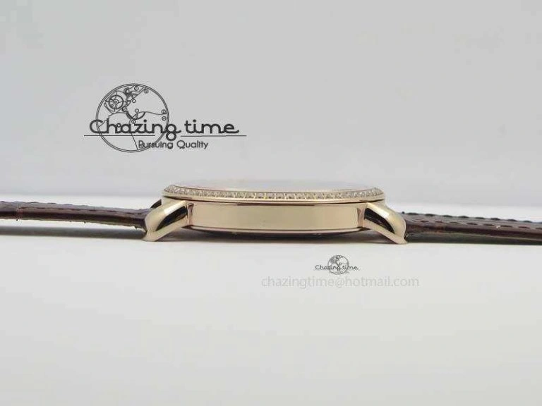 Ronde Louis Cartier RG UT Best Edition White Dial Diamond Bezel On Brown Leather Strap