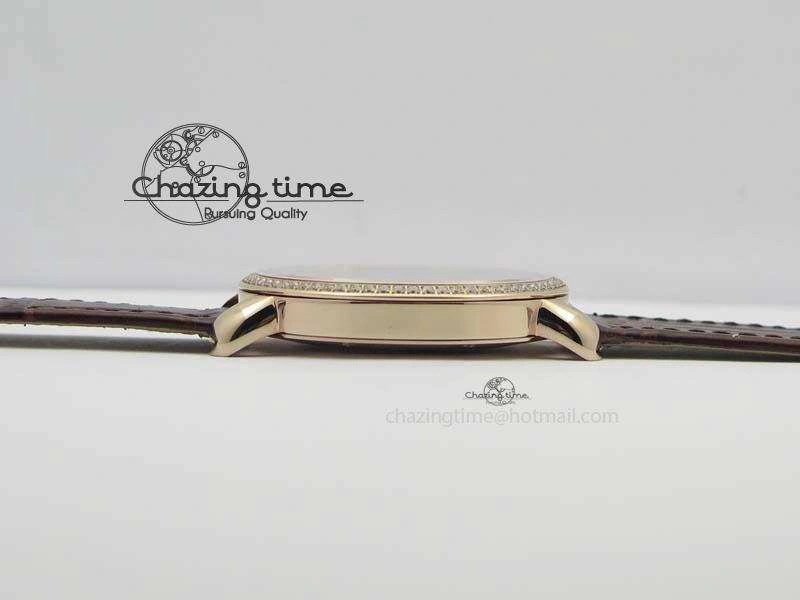 Ronde Louis Cartier RG UT Best Edition White Dial Diamond Bezel On Brown Leather Strap