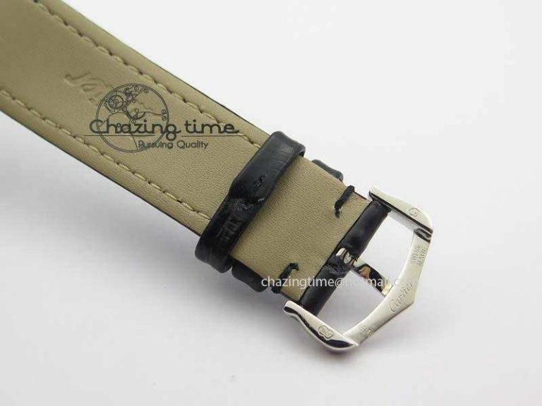 Ronde Louis Cartier SS UT Best Edition White Dial Diamond Bezel On Black Leather Strap