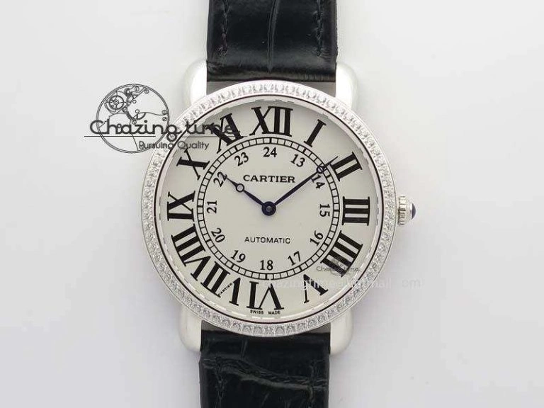 Ronde Louis Cartier SS UT Best Edition White Dial Diamond Bezel On Black Leather Strap