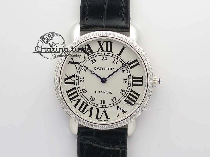 Ronde Louis Cartier SS UT Best Edition White Dial Diamond Bezel On Black Leather Strap