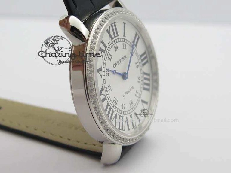 Ronde Louis Cartier SS UT Best Edition White Dial Diamond Bezel On Black Leather Strap