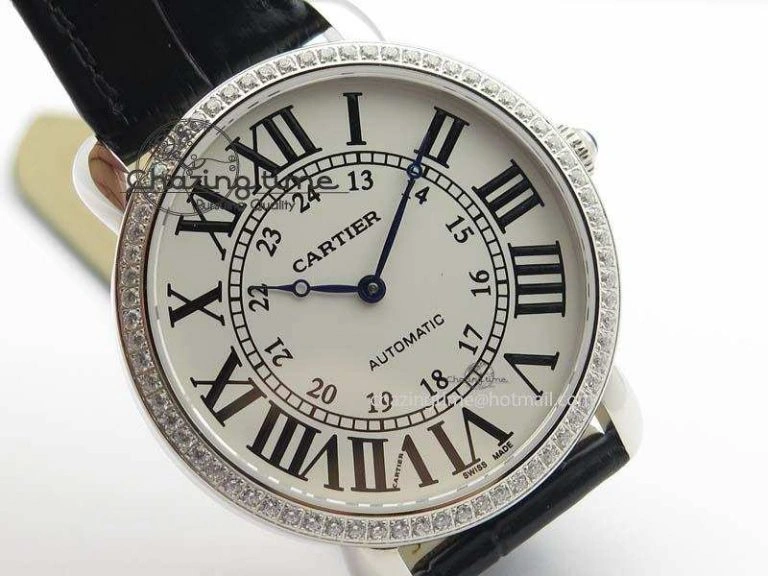 Ronde Louis Cartier SS UT Best Edition White Dial Diamond Bezel On Black Leather Strap