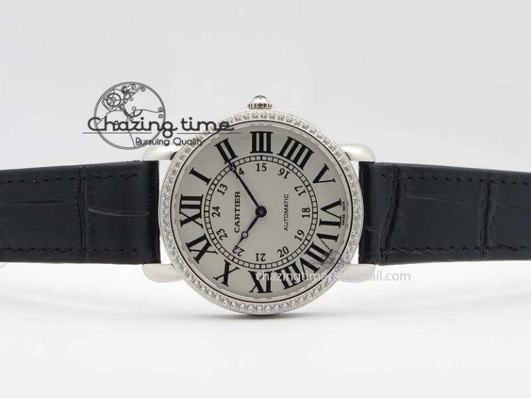 Ronde Louis Cartier SS UT Best Edition White Dial Diamond Bezel On Black Leather Strap