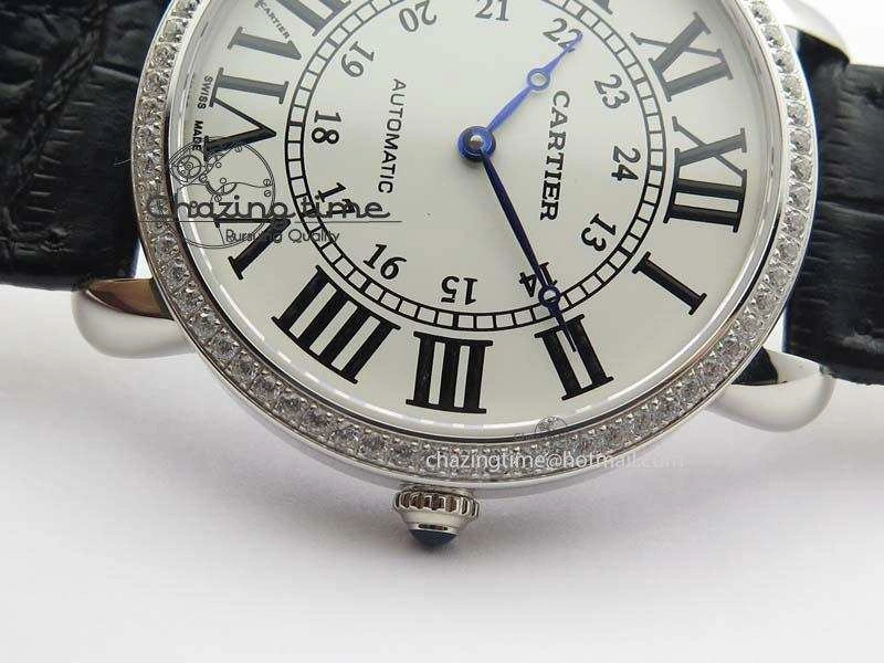 Ronde Louis Cartier SS UT Best Edition White Dial Diamond Bezel On Black Leather Strap