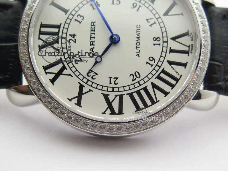 Ronde Louis Cartier SS UT Best Edition White Dial Diamond Bezel On Black Leather Strap