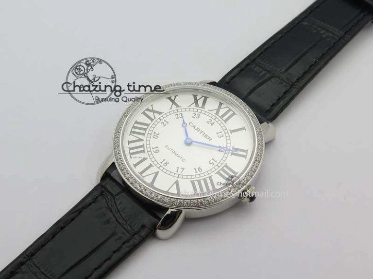 Ronde Louis Cartier SS UT Best Edition White Dial Diamond Bezel On Black Leather Strap