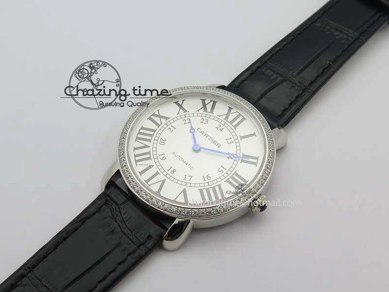 Ronde Louis Cartier SS UT Best Edition White Dial Diamond Bezel On Black Leather Strap