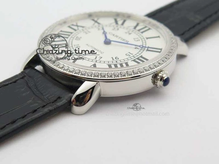 Ronde Louis Cartier SS UT Best Edition White Dial Diamond Bezel On Black Leather Strap