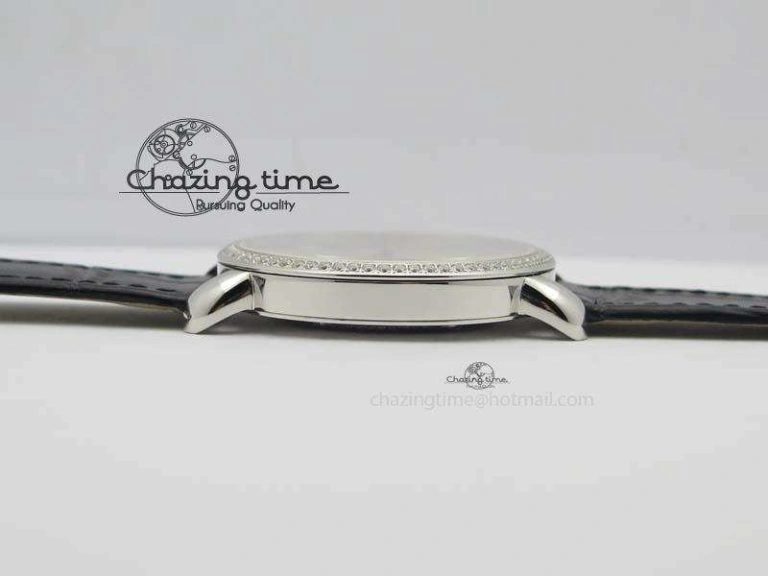 Ronde Louis Cartier SS UT Best Edition White Dial Diamond Bezel On Black Leather Strap