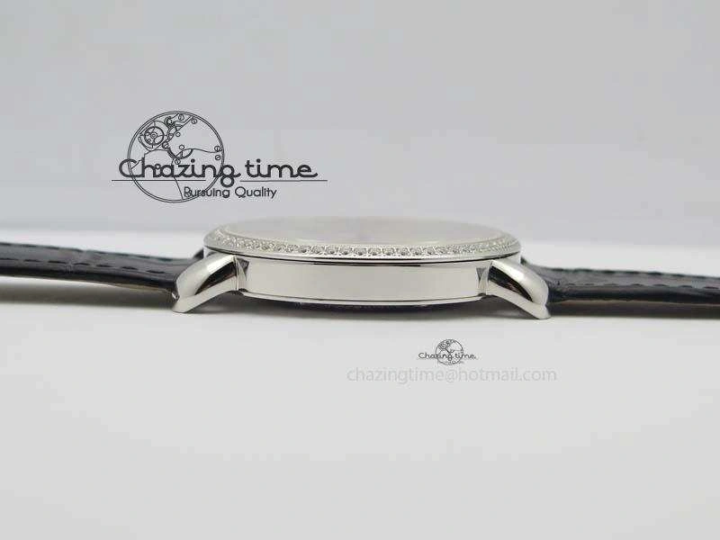Ronde Louis Cartier SS UT Best Edition White Dial Diamond Bezel On Black Leather Strap