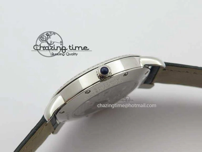 Ronde Louis Cartier SS UT Best Edition White Dial Diamond Bezel On Black Leather Strap