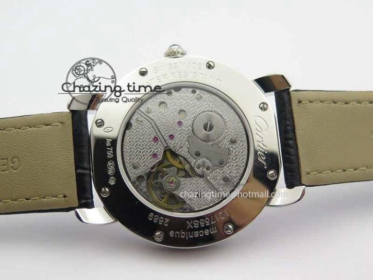 Ronde Louis Cartier SS UT Best Edition White Dial Diamond Bezel On Black Leather Strap
