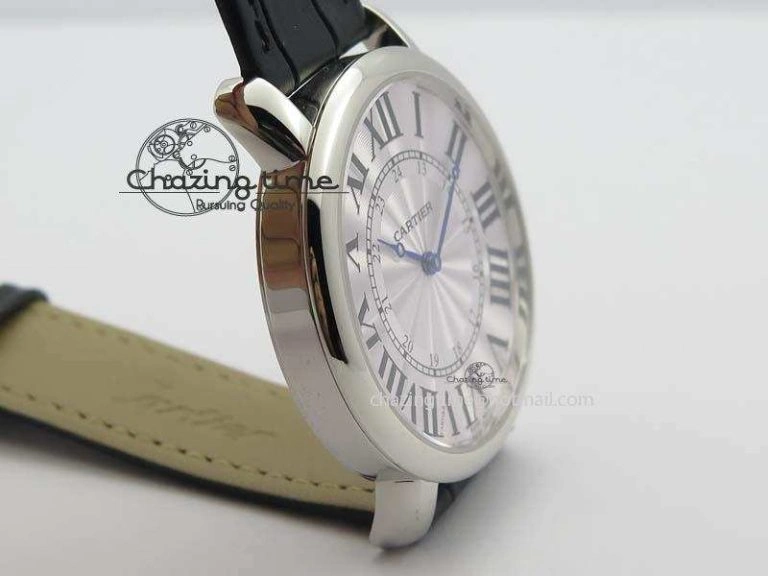 Ronde Louis Cartier SS UT Best Edition White Dial On Black Leather Strap