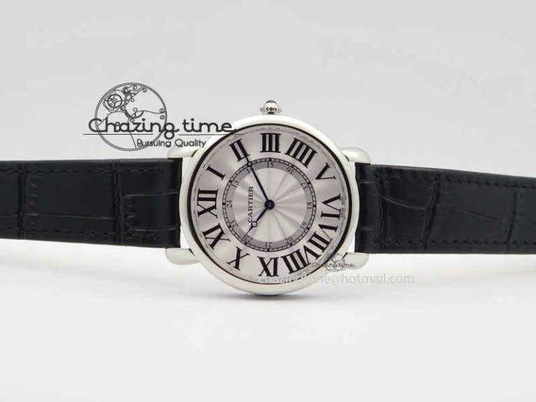 Ronde Louis Cartier SS UT Best Edition White Dial On Black Leather Strap