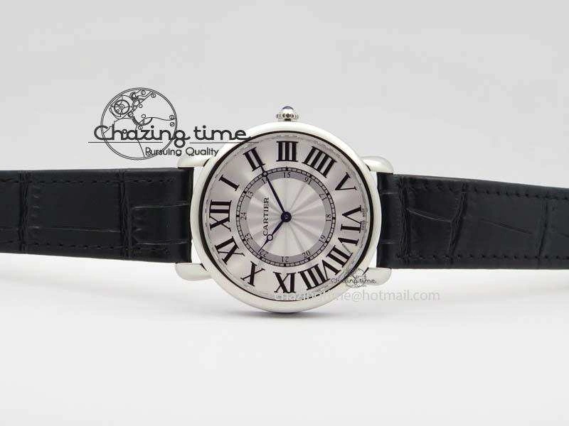 Ronde Louis Cartier SS UT Best Edition White Dial On Black Leather Strap