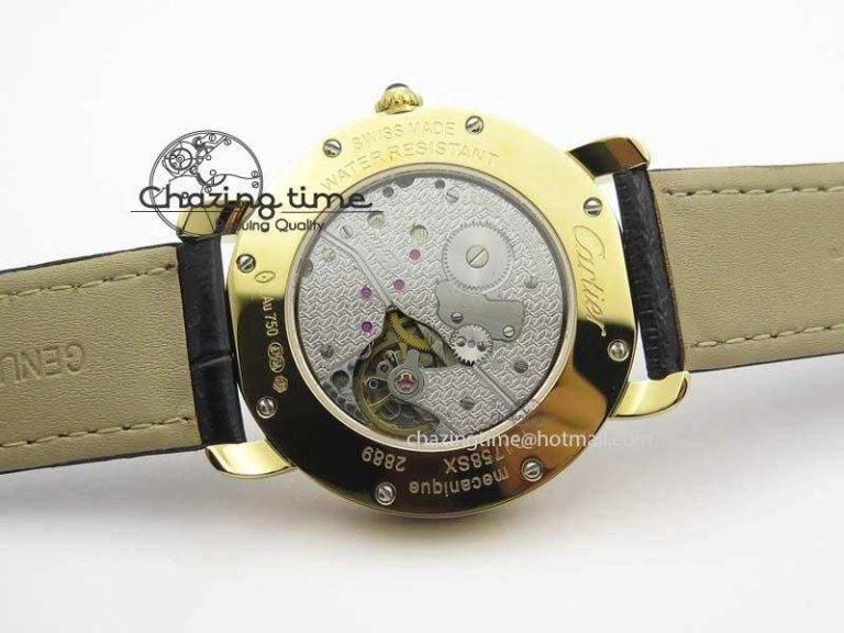 Ronde Louis Cartier YG UT Best Edition White Dial Diamond Bezel On Black Leather Strap