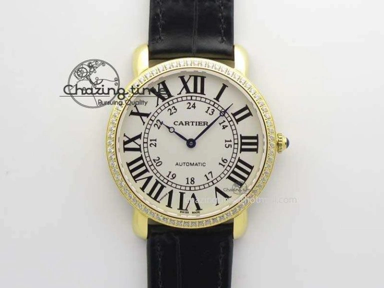 Ronde Louis Cartier YG UT Best Edition White Dial Diamond Bezel On Black Leather Strap