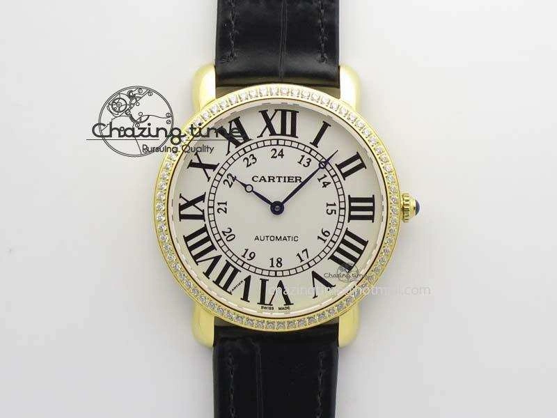 Ronde Louis Cartier YG UT Best Edition White Dial Diamond Bezel On Black Leather Strap