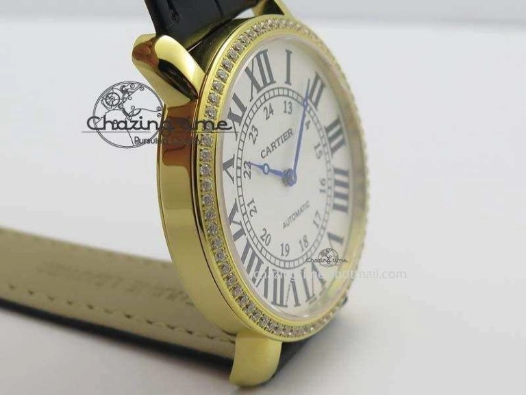 Ronde Louis Cartier YG UT Best Edition White Dial Diamond Bezel On Black Leather Strap