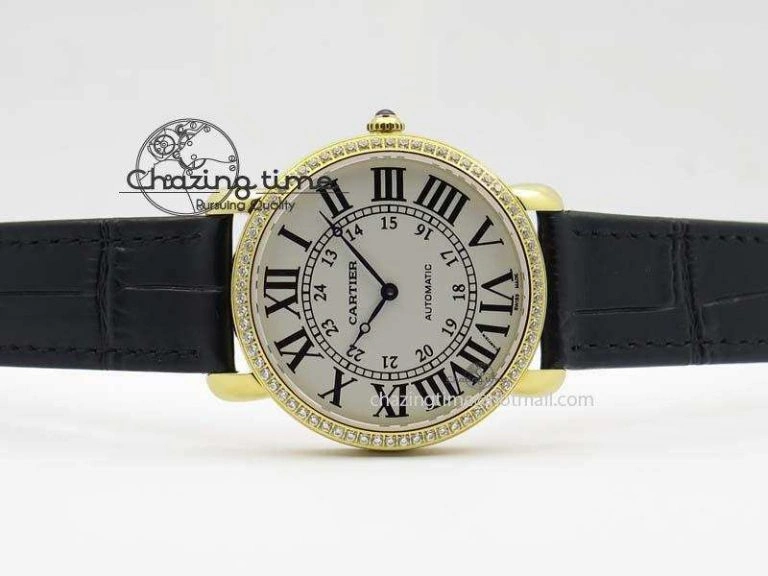 Ronde Louis Cartier YG UT Best Edition White Dial Diamond Bezel On Black Leather Strap