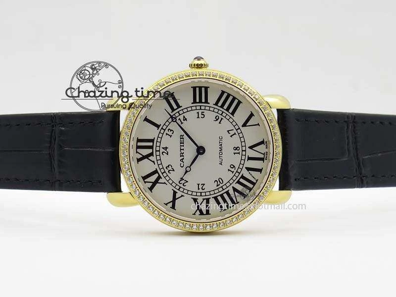 Ronde Louis Cartier YG UT Best Edition White Dial Diamond Bezel On Black Leather Strap