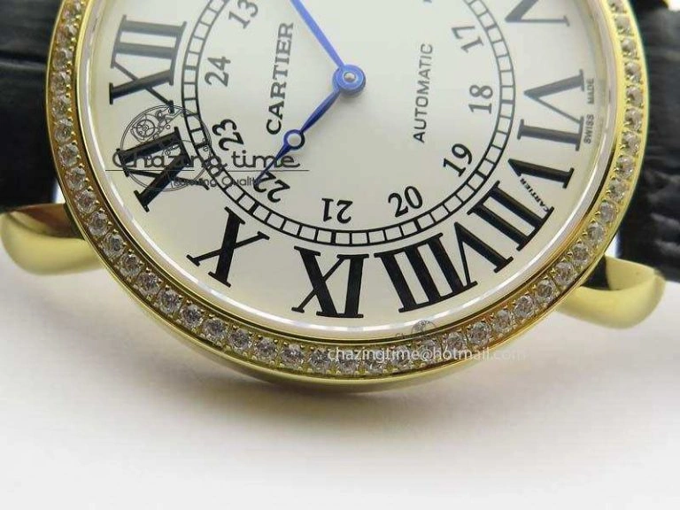Ronde Louis Cartier YG UT Best Edition White Dial Diamond Bezel On Black Leather Strap