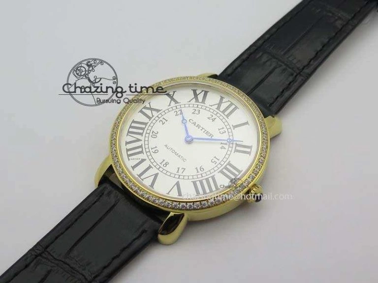 Ronde Louis Cartier YG UT Best Edition White Dial Diamond Bezel On Black Leather Strap