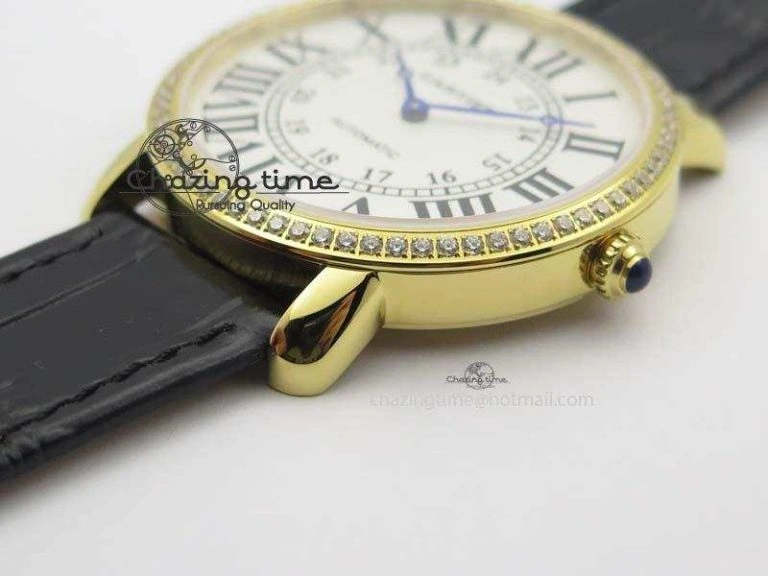 Ronde Louis Cartier YG UT Best Edition White Dial Diamond Bezel On Black Leather Strap